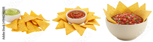 Crunchy tortilla chips (nachos) with fresh salsa and guacamole dips, arranged for party snacking.