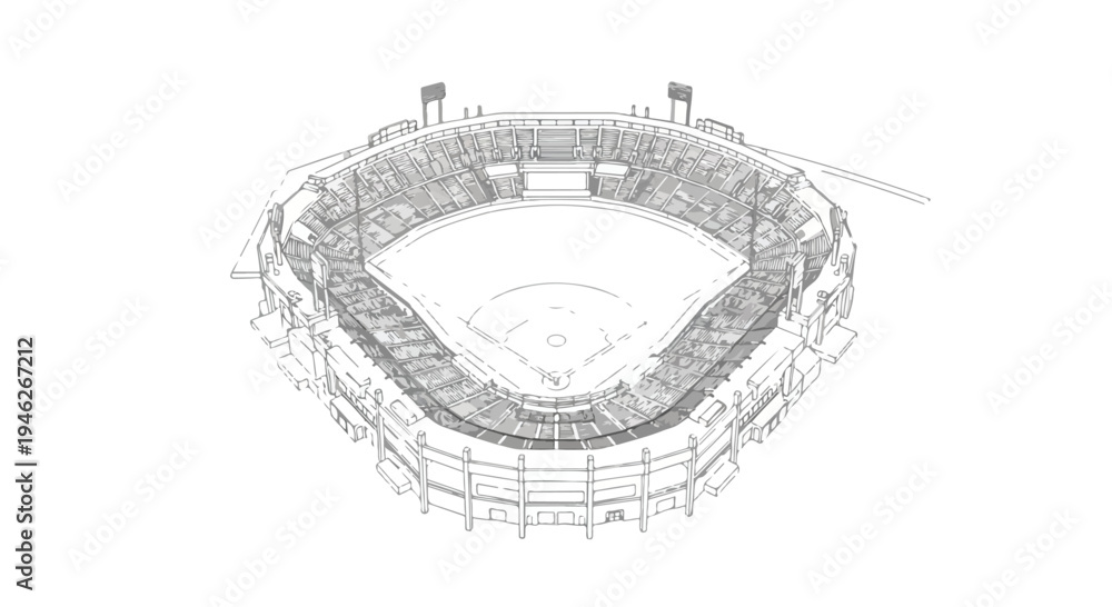 Fototapeta premium Gray architectural drawing of a baseball stadium with seating and field markings on a white background.