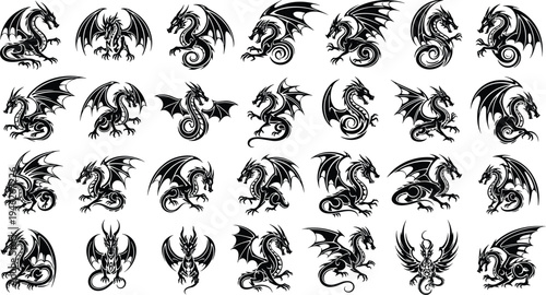 Dragon silhouette collection with fantasy winged dragons in different poses isolated on light background, mythical creature vector set for tattoo, emblem, logo and fantasy design