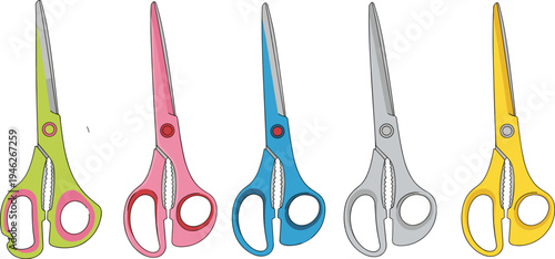 Set of colorful household scissors with ergonomic handles and stainless steel blades isolated on light background, practical cutting tool illustration for kitchen, craft, and office use