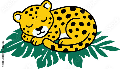 Cute Cartoon Sleeping Leopard Cub on Tropical Leaf Illustration