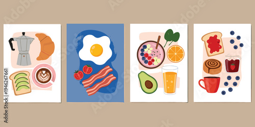 Breakfast food illustration with coffee, croissant, eggs, bacon, fruit bowl, toast, jam, cinnamon roll, flat vector design
