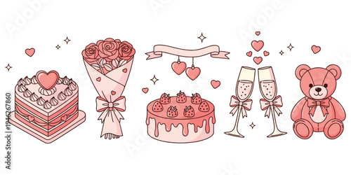 Romantic celebration illustration, love artwork with heart cake roses strawberry cake champagne glasses teddy bear festive design vector