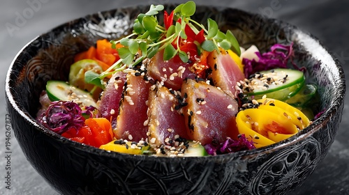 poke bowl vector with sashimi tuna and fresh vegetables