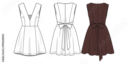 Sleeveless dress fashion illustration with V-neckline, pleated skirt, decorative bow back, garment design sketch, flat vector drawing