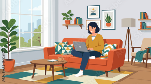 Woman sitting on couch.