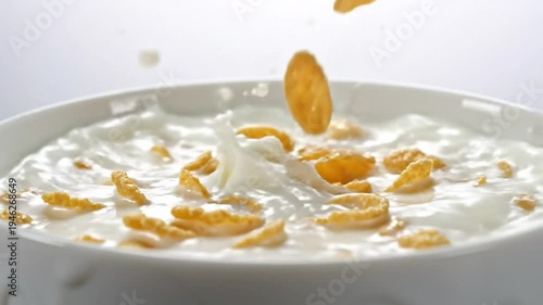 Wallpaper Mural Cornflakes cereal falling into a white bowl of milk creating a splash in a close-up shot Torontodigital.ca