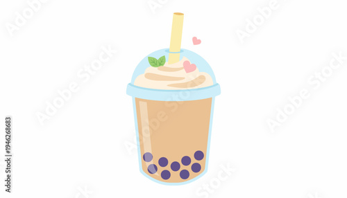 Cute Boba Tea with Pink Hearts and Mint Leaves Vector