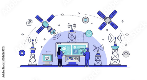 Telecommunication Network and Satellite Communication Technology Illustration.