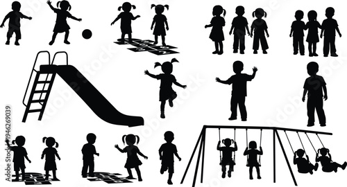 Children playground silhouette collection with kids playing hopscotch, sliding, swinging, running and standing together, representing childhood activity, kindergarten playtime and outdoor recreation 