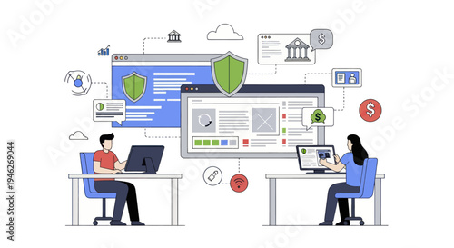 Two people working on laptops in front of a large computer screen displaying security and data protection.