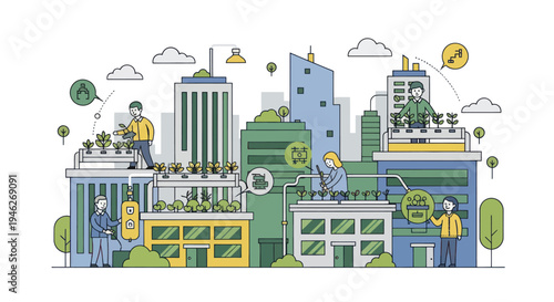 Urban Farming and Sustainable City Living Illustration.