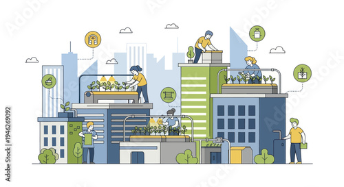 Urban farming and sustainable city living concept illustration.