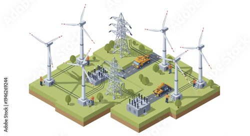 Wind Turbines and Electrical Grid Infrastructure with Electric Cars.
