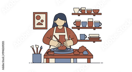 Woman artist creating pottery on a spinning wheel.
