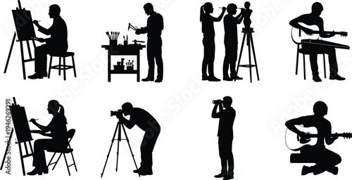 Creative hobby and arts silhouette icons set featuring people painting on easels playing guitar photography sculpting and craft activities for artistic inspiration and leisure lifestyle.