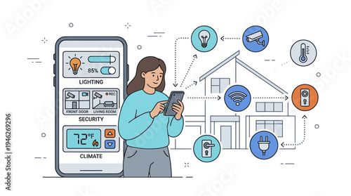 Woman controlling smart home system with smartphone app.