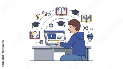 Young boy learning online on a laptop surrounded by educational symbols.