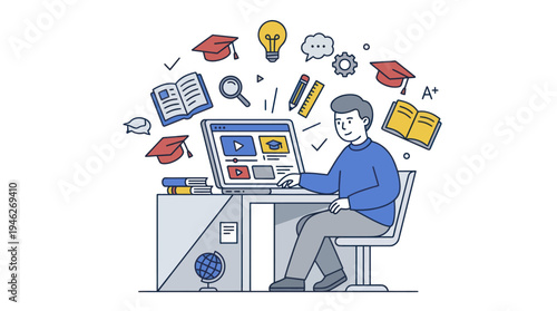 Young man studying online with educational icons surrounding him.