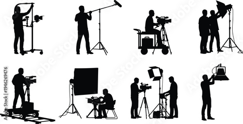 Black Silhouette Vector Illustrations of Professional Film Crew Operating Video Cameras Lighting Equipment and Sound Gear on Cinema Studio Set for Media Production