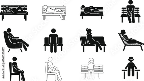 Stick Figure Vector Icons Set of People Sitting and Lying on Park Benches and Chairs Representing Relaxation Leisure Rest and Public Seating Postures
