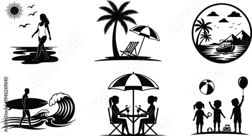 Summer Beach Vacation Vector Icons Set Featuring Surfing Silhouette Palm Trees Sunbathing Couple Kids Playing and Tropical Island Travel Destination Black and White Illustrations