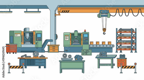A detailed illustration of a modern factory floor featuring advanced machinery, assembly lines, and storage solutions.