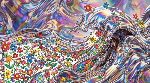 Iridescent chrome liquid waves colliding with naive doodle flowers, surreal metallic abstract