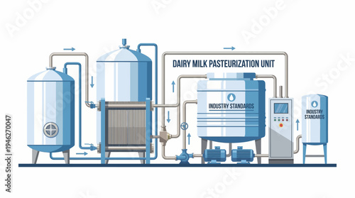 Diagram illustrating the process of a dairy milk pasteurization unit with various tanks, pipes, and control panels.