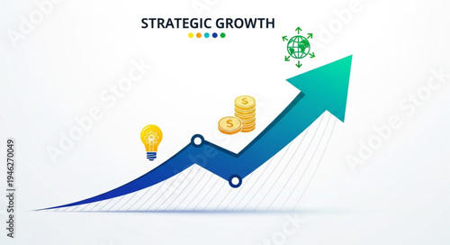 Business strategic growth arrow with icons representing success and innovation.
