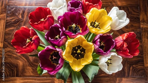 Bright bouquet of colorful tulips arranged on a dark wooden surface, top-down view