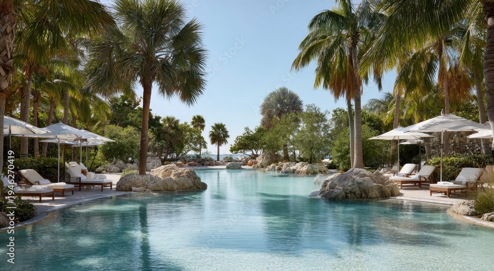 Fototapeta premium Serene Poolscape - Palm Trees, Turquoise Water, and Luxurious Loungers.