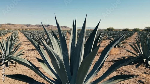 Wallpaper Mural Low angle view of blue agave plant in agricultural field, rows of cultivated plants, arid landscape, bright sunny day Torontodigital.ca