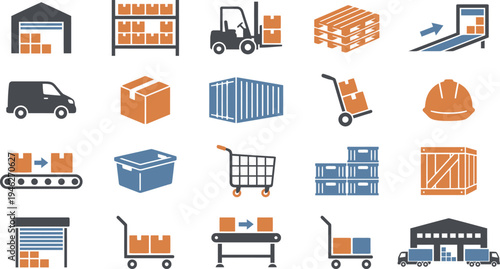 Illustrative icons depicting various stages and components of a complete logistics and distribution system.