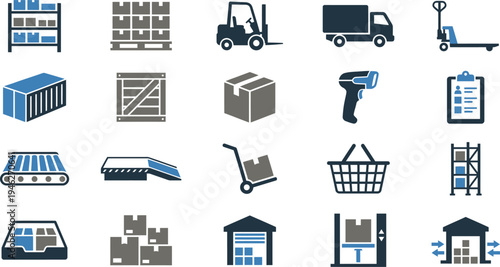 Collection of isolated logistics and warehouse management system icons featuring shipping and material handling equipment.