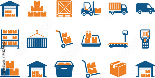 Collection of blue and orange logistics icons representing shipping, storage, and freight handling processes.