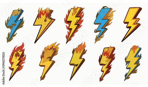 Funny flaming lightning bolts doodle cartoon vector