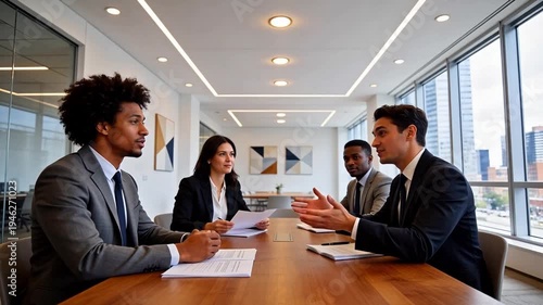 Diverse business team in formal attire engaged in strategic discussion during a boardroom meeting, with documents and city view background – professional collaboration concept.