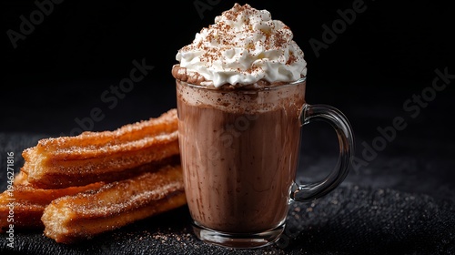 Steaming hot chocolate with whipped cream and cinnamon, alongside golden churros