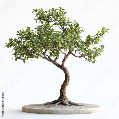 Bonsai tree isolated on white, showcasing intricate branches and leaves.