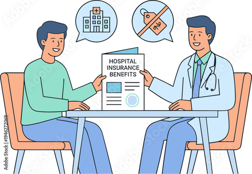 Doctor explaining hospital insurance benefits to a patient at a table