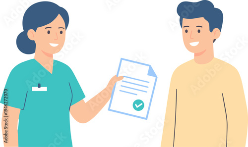 A woman in teal presents a checked document to a man in yellow indoors.