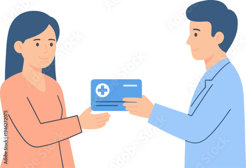 Man giving blue health insurance card to smiling woman indoors