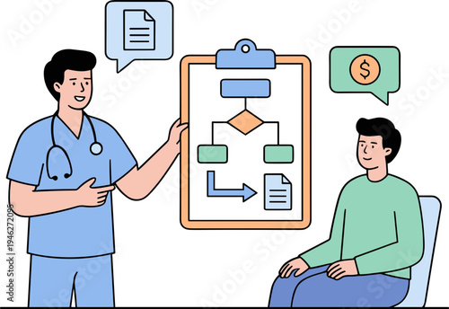 Doctor explaining medical flowchart to patient in clinic