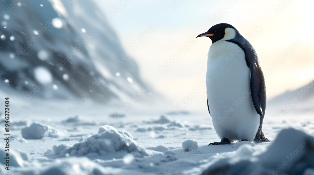 Obraz premium Emperor penguin standing on snowy landscape