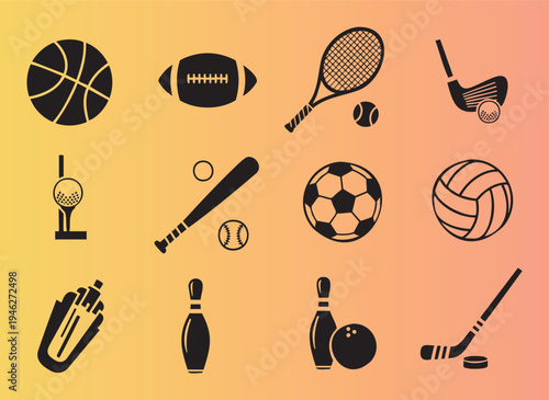 Collection of various sports icons and equipment in flat design