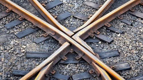 Overhead view of a rusty metal railway track junction