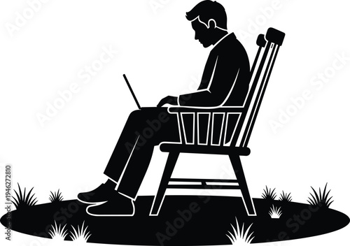 Man silhouette working on laptop while sitting on chair outdoors, remote work and freelancing concept, digital nomad lifestyle, productivity, isolated black vector illustration