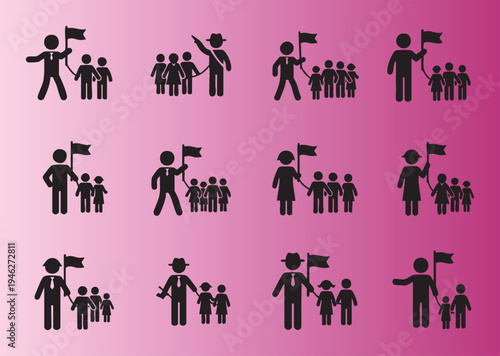 Family and leadership icons with flags representing social unity and protest