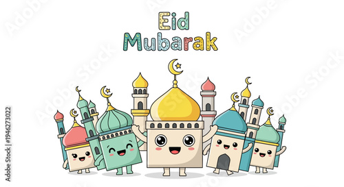 Eid Mubarak Cartoon Mosque Buildings.